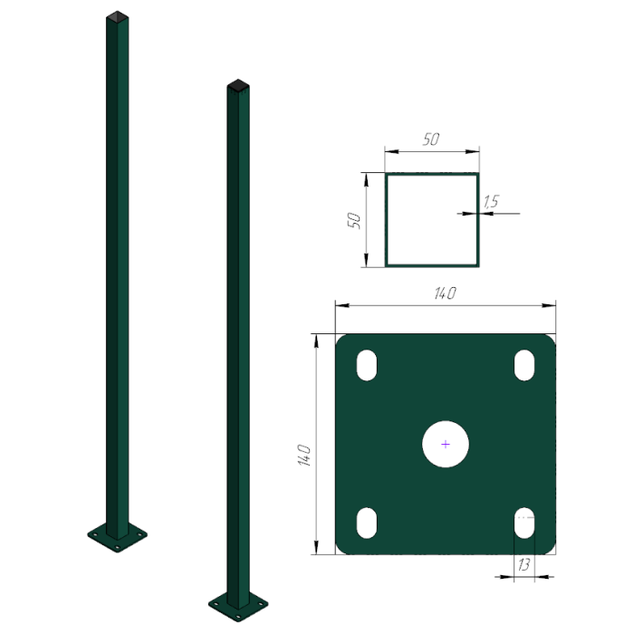 Столб с фланцем 50х50х3000х1,5мм