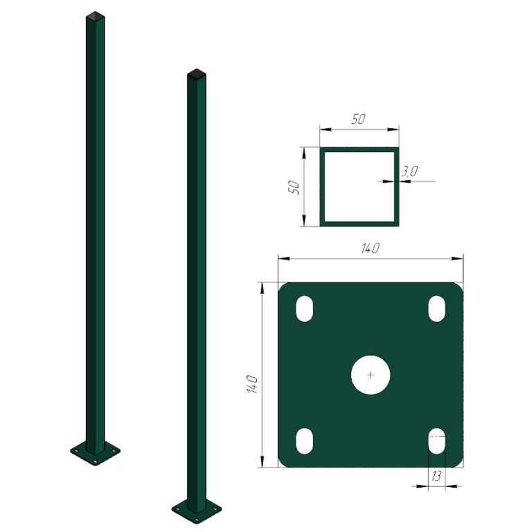 Столб с фланцем 50х50х2000х3,0мм
