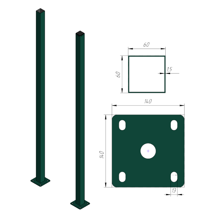Столб оцинкованный с фланцем 60х60х3000х2,0мм