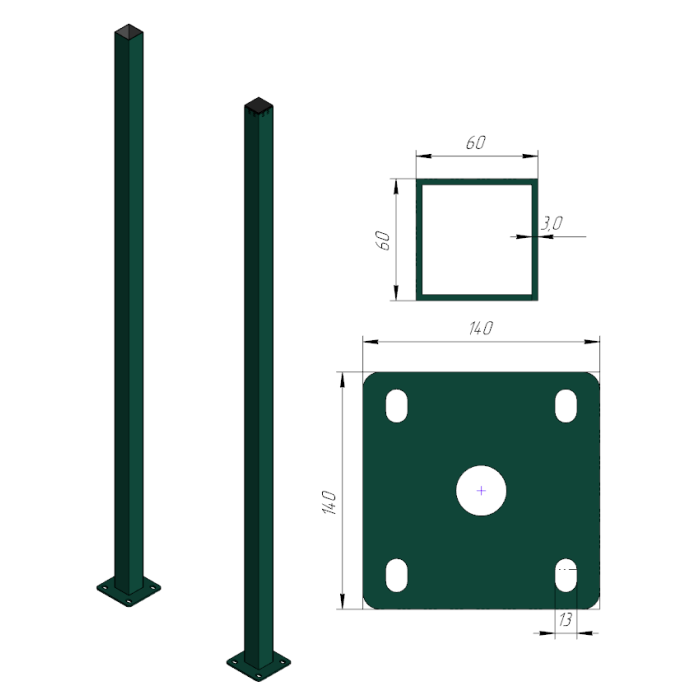 Столб с фланцем 60х60х3500х3,0мм