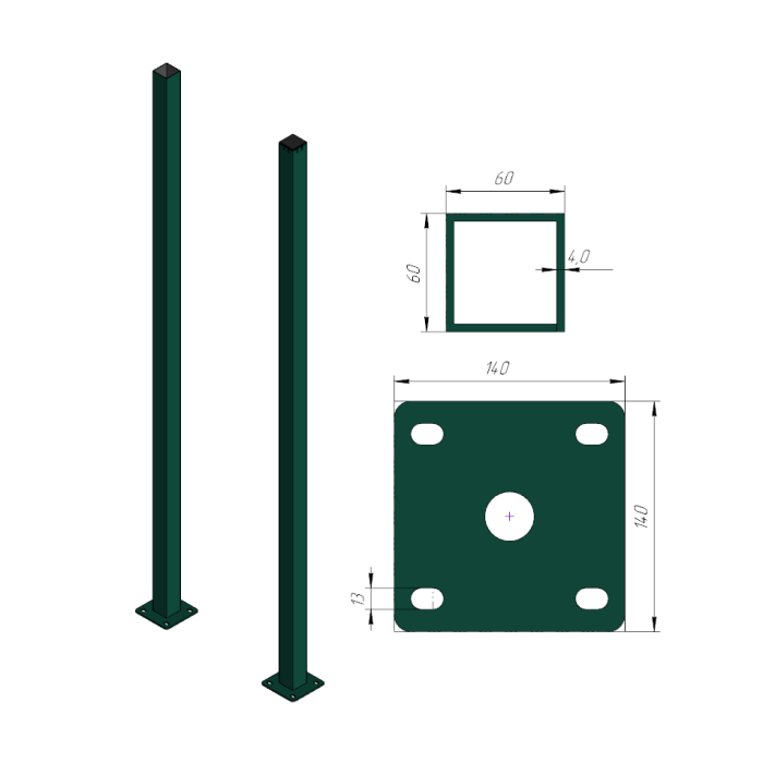 Столб с фланцем 60х60х3500х4,0мм 
